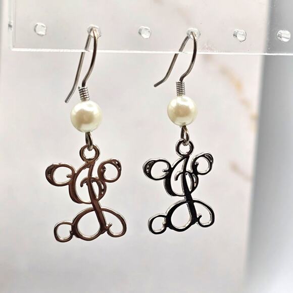 Monogram Letter J Earrings Pierced Ornate Filigree Design Silver Tone Dangle - Picture 2 of 6